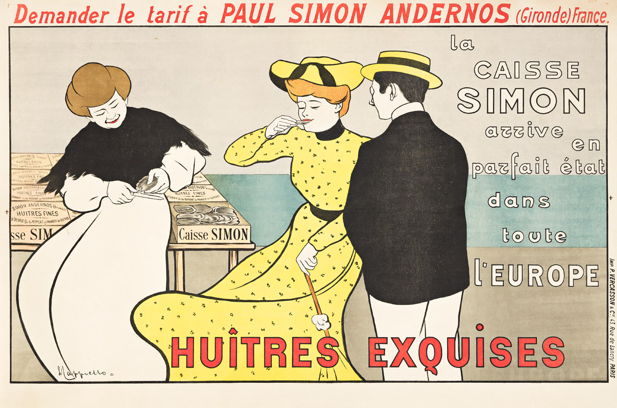 LEONETTO CAPPIELLO (1875-1942).  LA CAISSE SIMON / HUÎTRES EXQUISES. 1901. 36¼x54¼ inches, 92x137¾ cm. P. Vercasson, Paris.